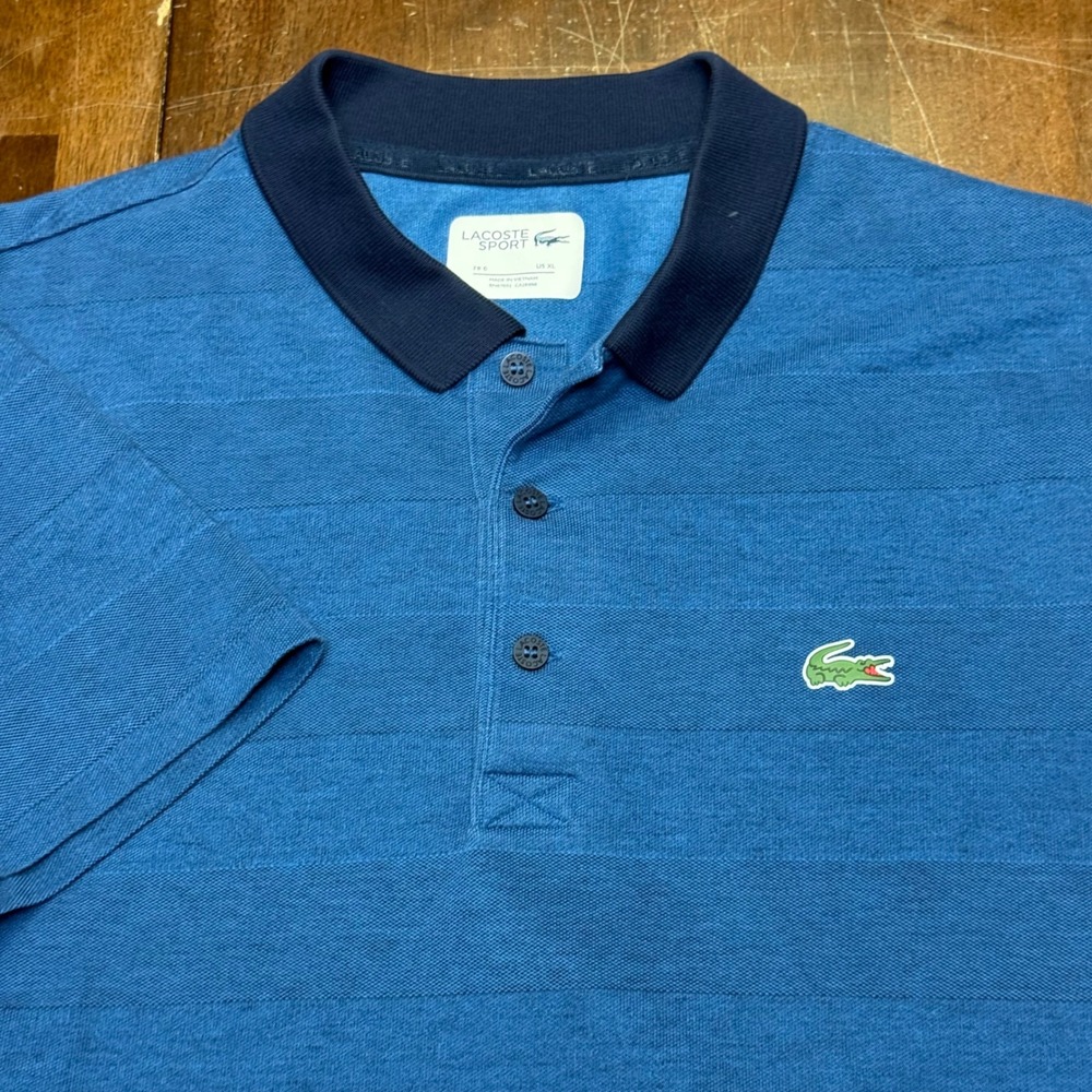 Lacoste Sport Polo Shirt Mens XL Blue Textured Stripe Short Sleeve Logo